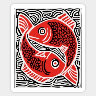 Linocut Fish Duo Art Print - Unique Wildlife Gift Magnet